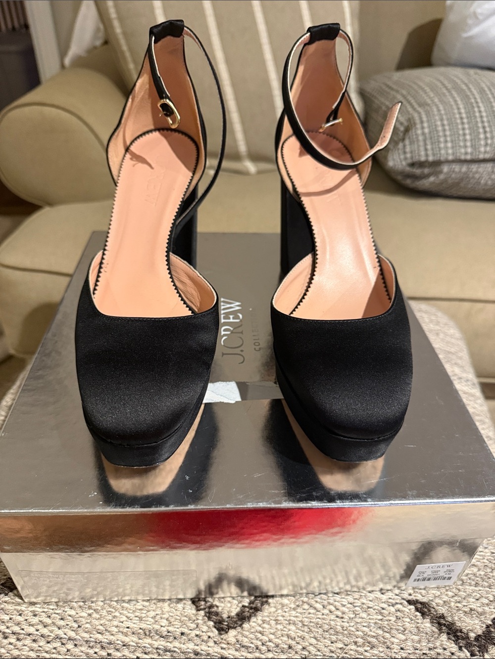 J. Crew Black Satin Platform Ankle-Strap Pumps